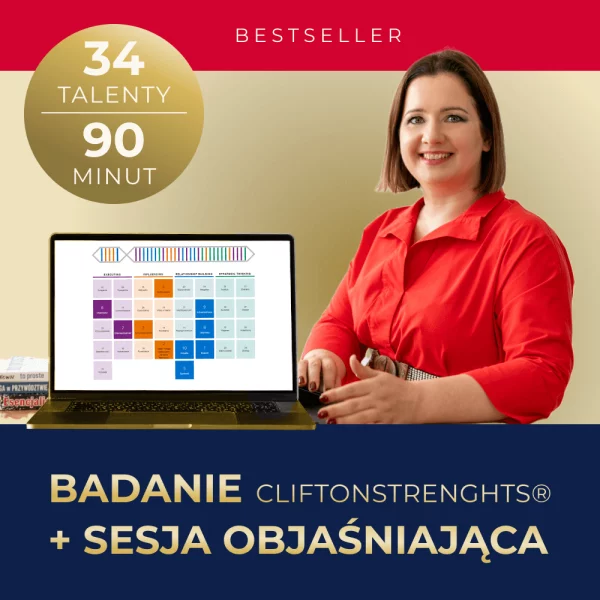 Grafika prezentująca produkt - Badanie 34 talentów Cliftonstrenght z sesją objaśniającą